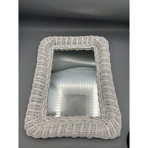 White Wicker Wall Mirror Shabby Chic Cottagecore 12x16 Hanging VTG Hong Kong